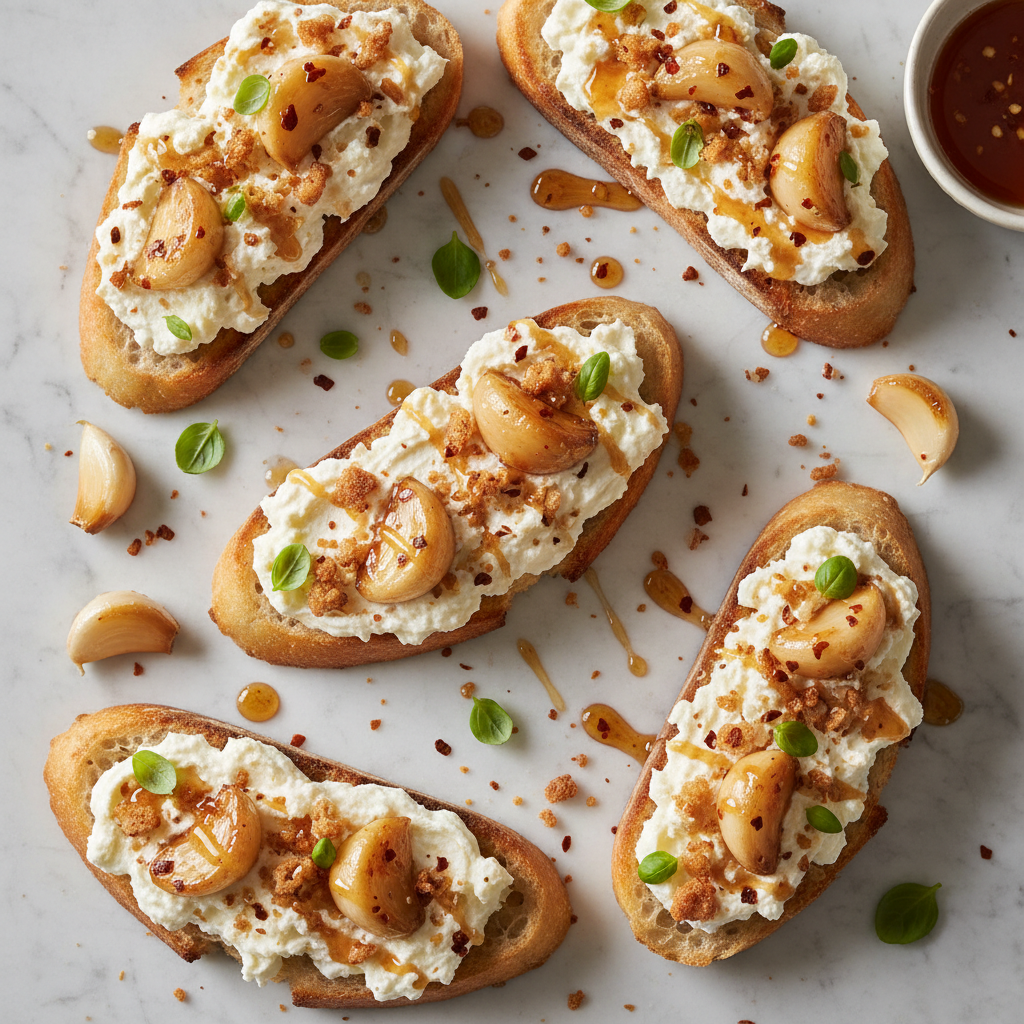 Whipped Burrata & Roasted Garlic Crostini with Chili Honey