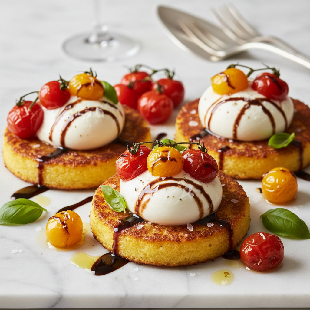 Crispy Polenta Cakes with Burrata & Burst Tomatoes
