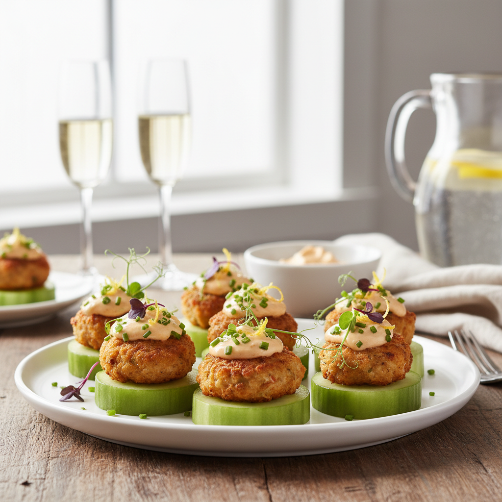 Mini Crab Cake Bites on Cucumber with Remoulade