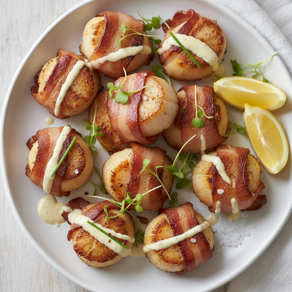 Bacon-Wrapped Scallops with Lemon-Garlic Aioli