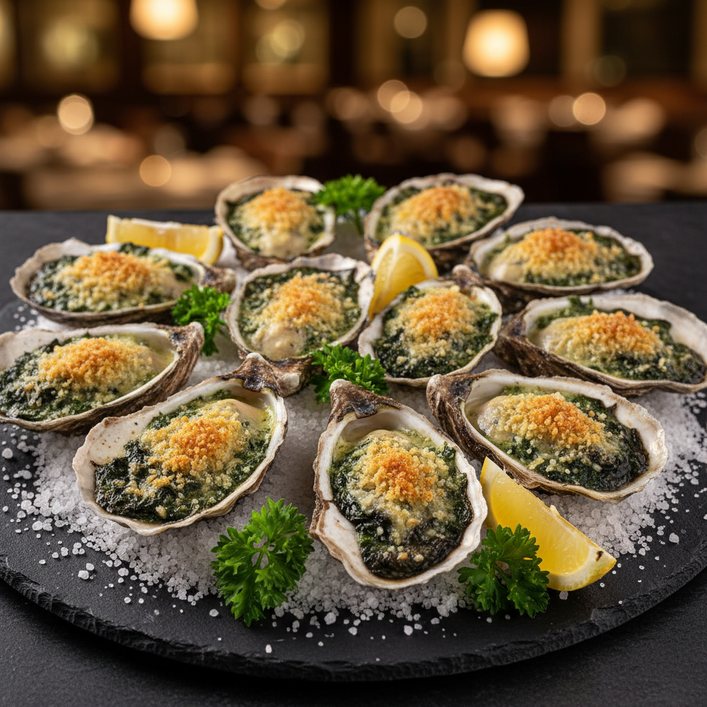Oysters Rockefeller with Spinach, Pernod & Parmesan Crumbs