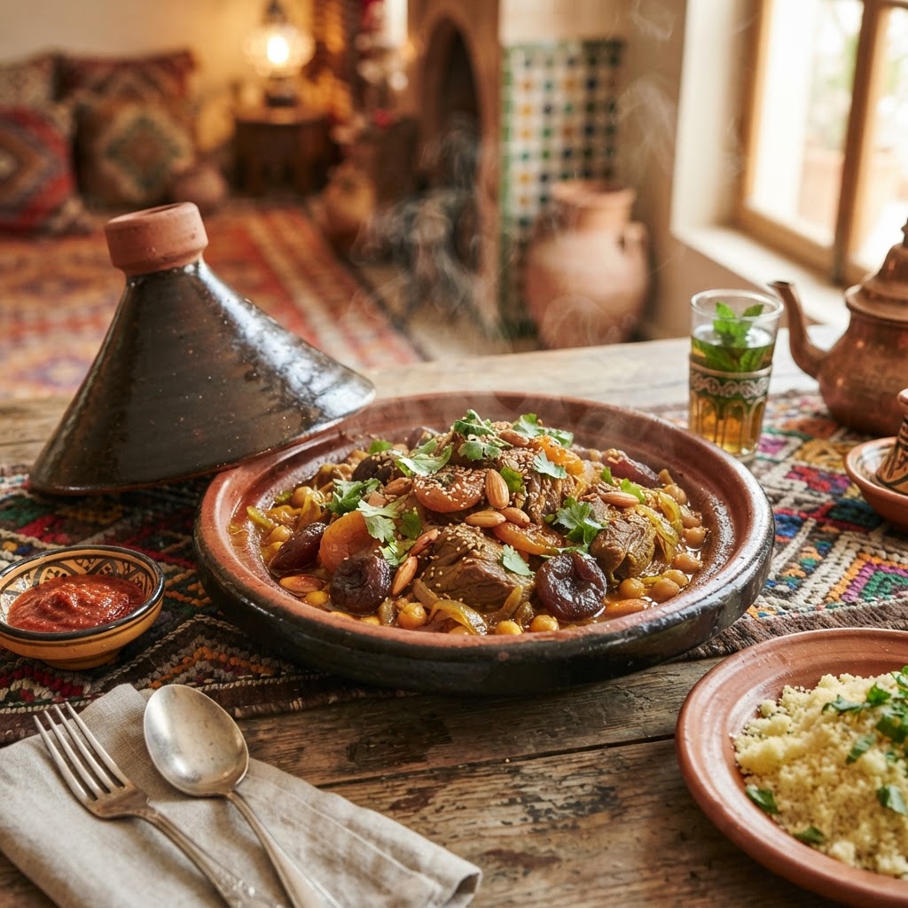 Moroccan Lamb Tagine with Apricots, Almonds, and Saffron
