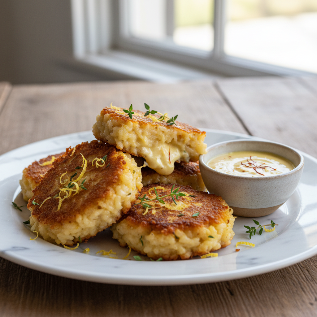 Champagne Risotto Cakes with Saffron Aioli