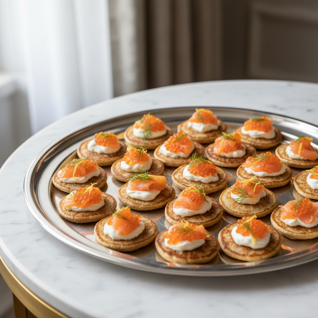 Hand-Passed Blinis with Crème Fraîche & Smoked Salmon