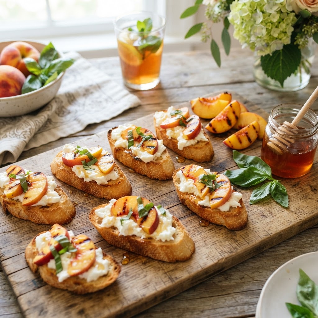 Georgia Peach and Burrata Crostini