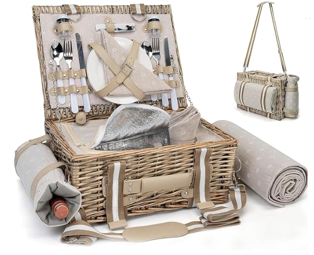 Wicker Picnic Basket Set for 2 — Insulated with Blanket & Tableware