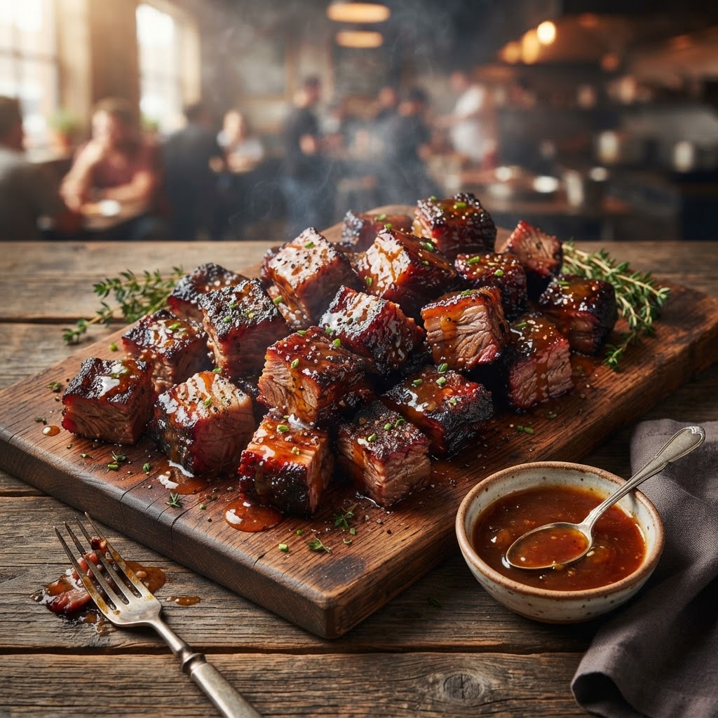 Texas Brisket Burnt Ends with Bourbon Peach Glaze