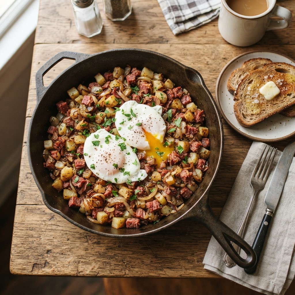 Corned Beef Hash with Poached Eggs: The Classic Diner Brunch