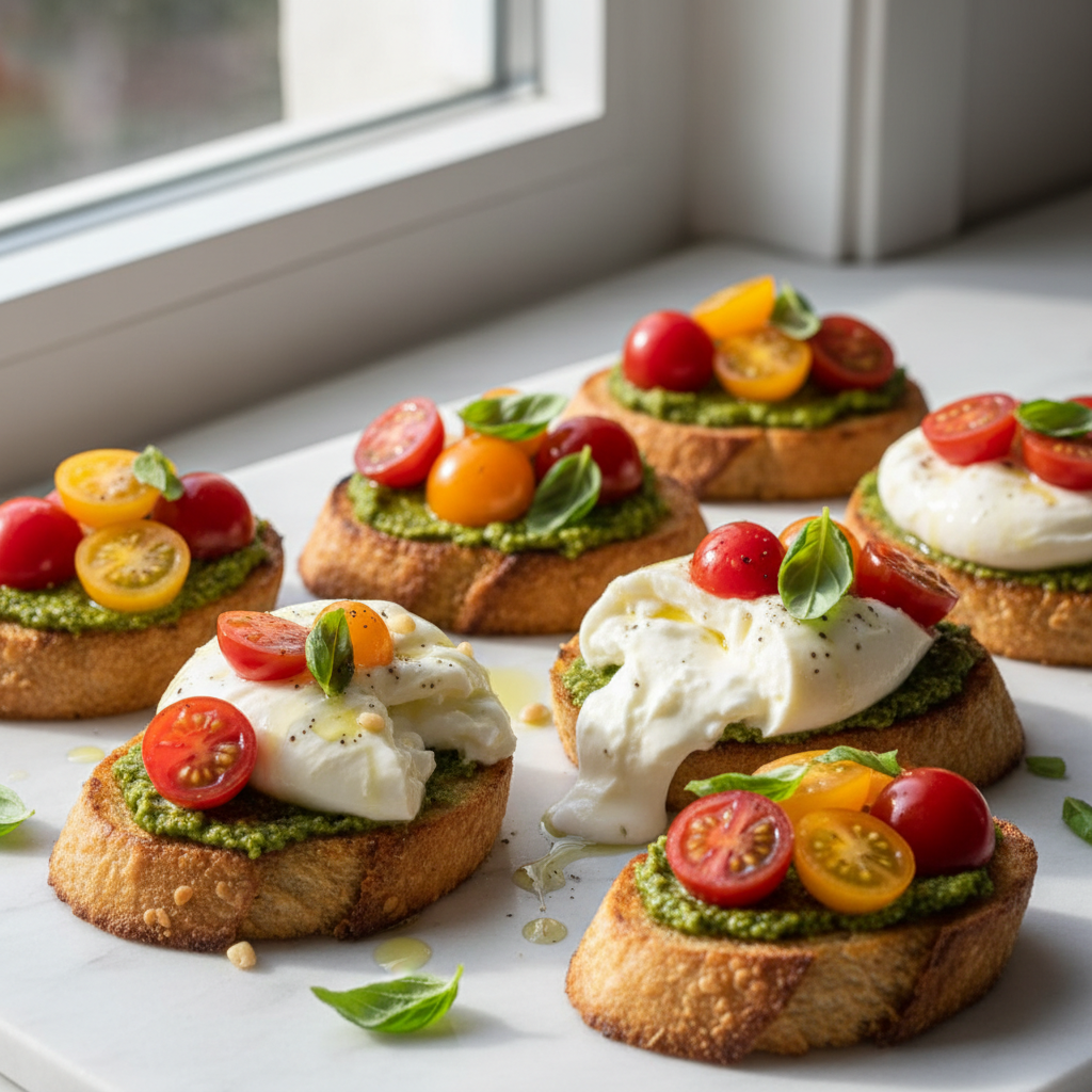Burrata & Basil Pesto Crostini with Heirloom Cherry Tomatoes