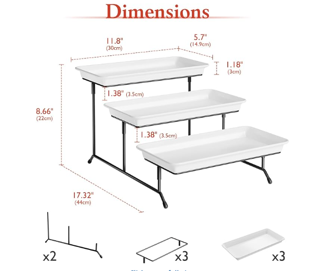 KEREDEII 3-Tier Melamine Serving Tray Set with Collapsible Metal Stand