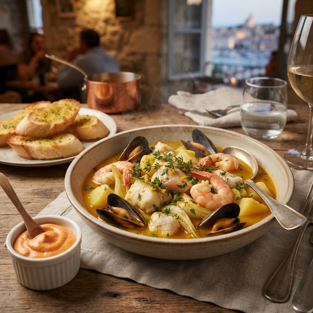 Bouillabaisse Marseillaise (Provençal Fish Stew with Saffron and Rouille)