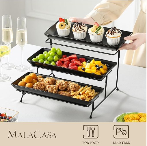 MALACASA 3-Tier Serving Tray Stand — Rectangular Platters for Party