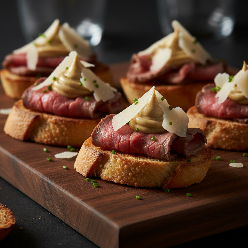 Seared Wagyu Crostini with Truffle Aioli & Parmesan