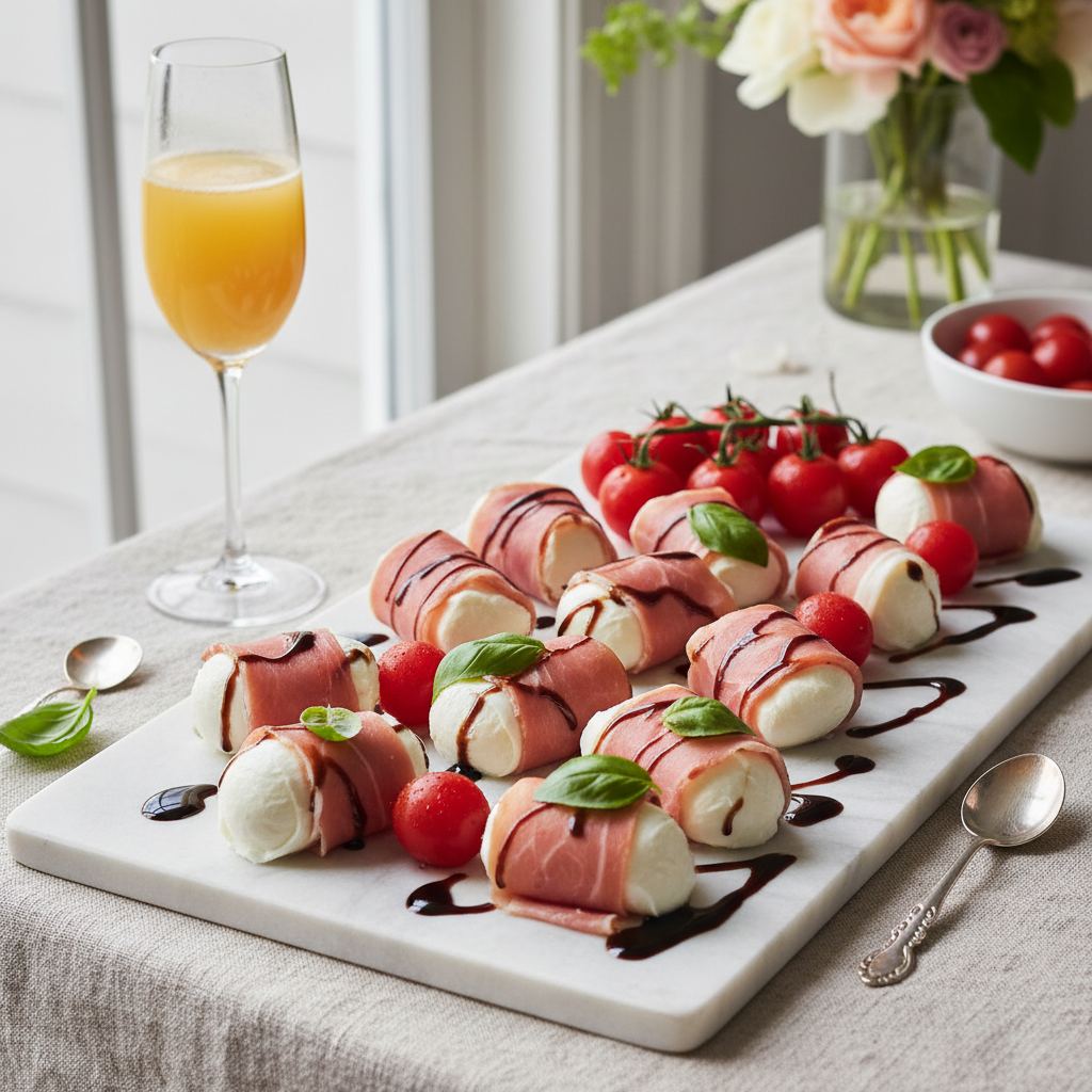 Prosciutto, Mozzarella & Cherry Tomato Skewers with Basil Oil