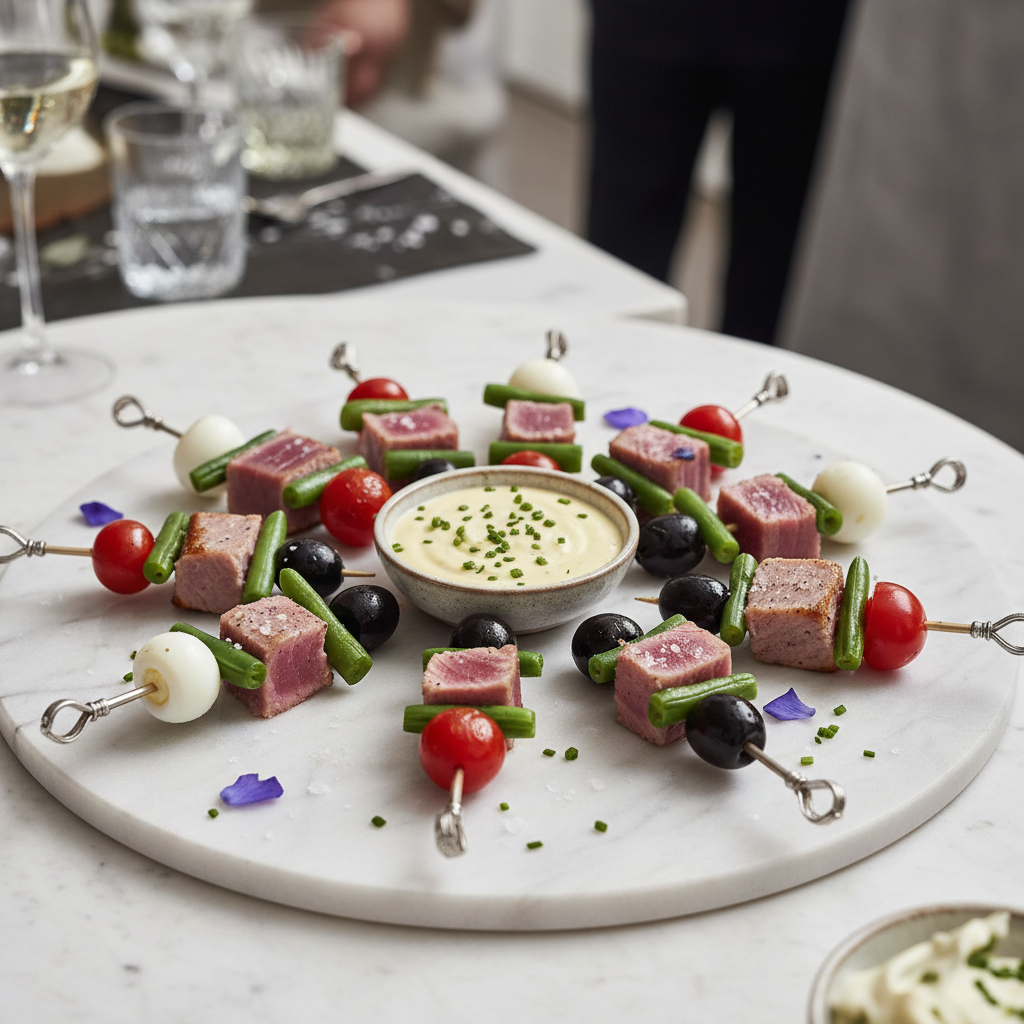 Seared Tuna Niçoise Skewers with Anchovy Aioli