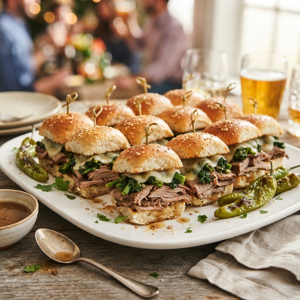 Philadelphia Roast Pork Sandwich Bites with Broccoli Rabe and Sharp Provolone