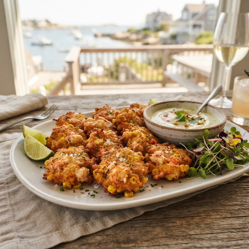 Lobster and Corn Fritters with Jalapeño Lime Aioli