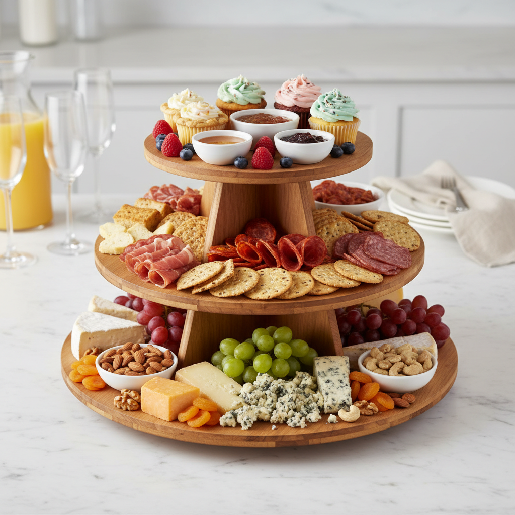 Elegant 3-Tiered Acacia Charcuterie Board & Cupcake Stand