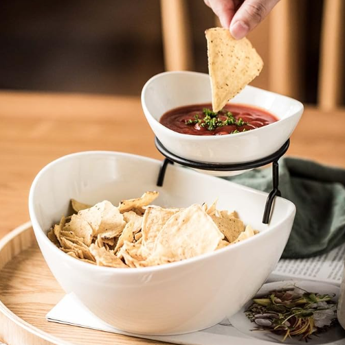 2-Tier Ceramic Chip and Dip Serving Set with Metal Stand