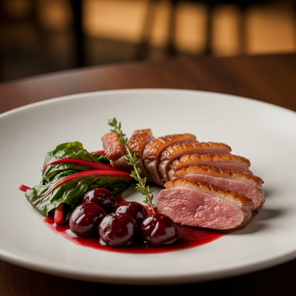 Pan-Seared Duck Breast with Cherry Reduction & Wilted Chard