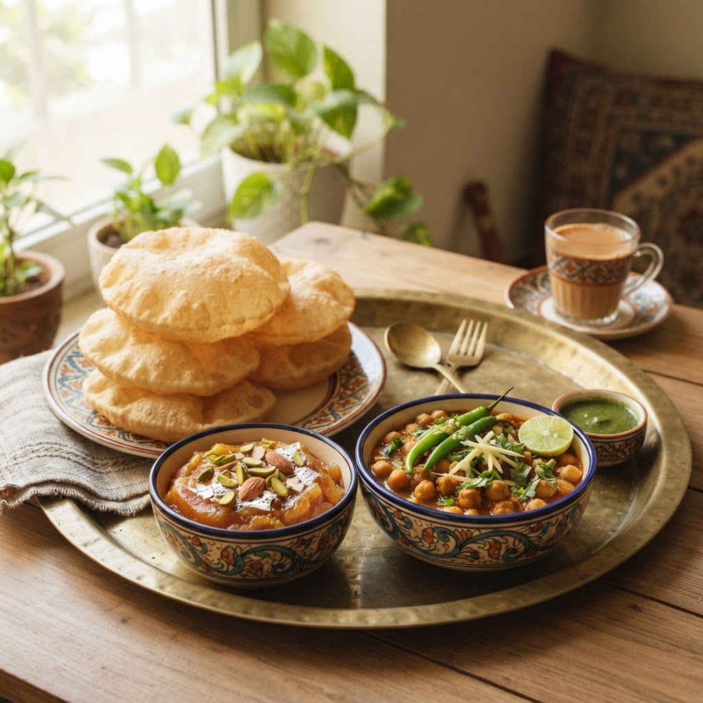 Pakistani Halwa Puri: The Lahori Breakfast Platter of Fried Bread, Semolina Halwa, and Chickpea Curry