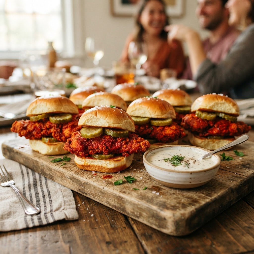 Nashville Hot Chicken Sliders with Pickles and White Bread