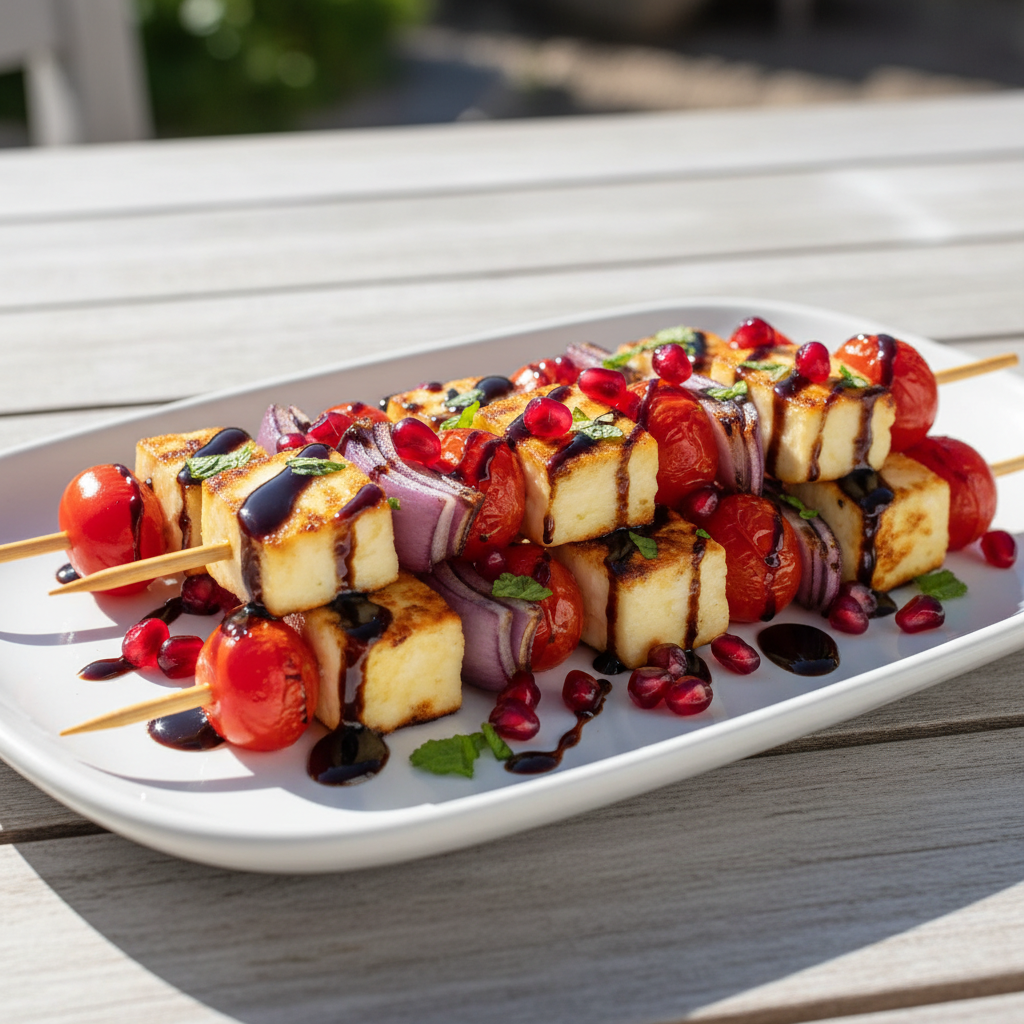 Grilled Halloumi Skewers with Pomegranate Molasses & Mint