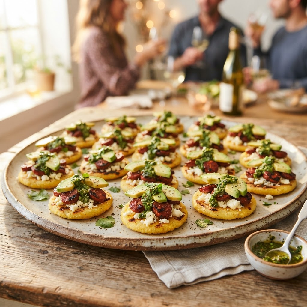 Colombian Arepa Bites with Chorizo, Avocado, and Queso Fresco