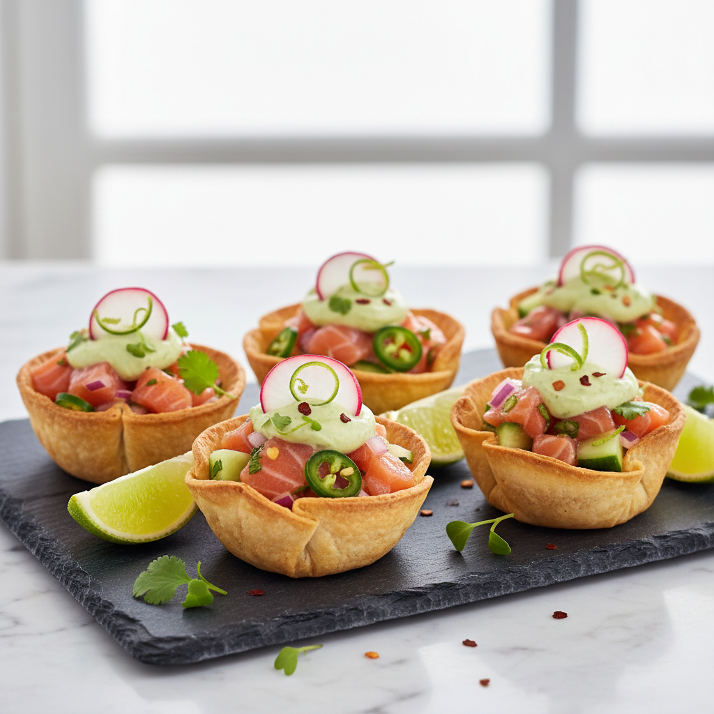 Salmon Ceviche in Tortilla Cups with Avocado Crema