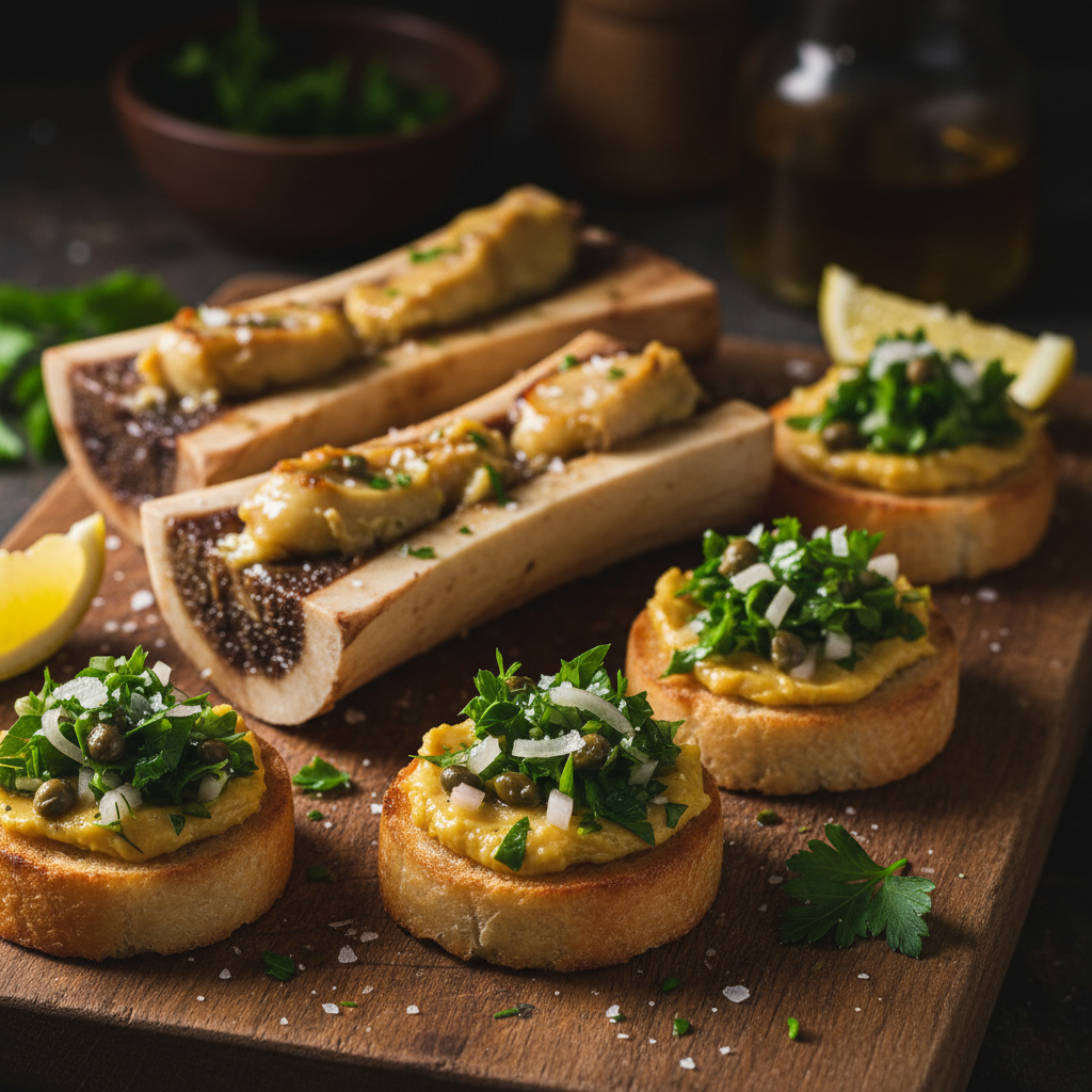 Roasted Bone Marrow Crostini with Parsley-Caper Salad