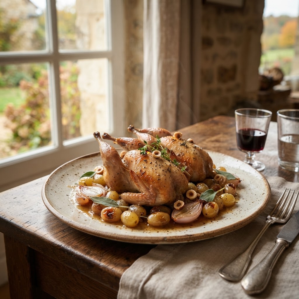 Cailles aux Raisins: French Roast Quail with Grapes and Cognac