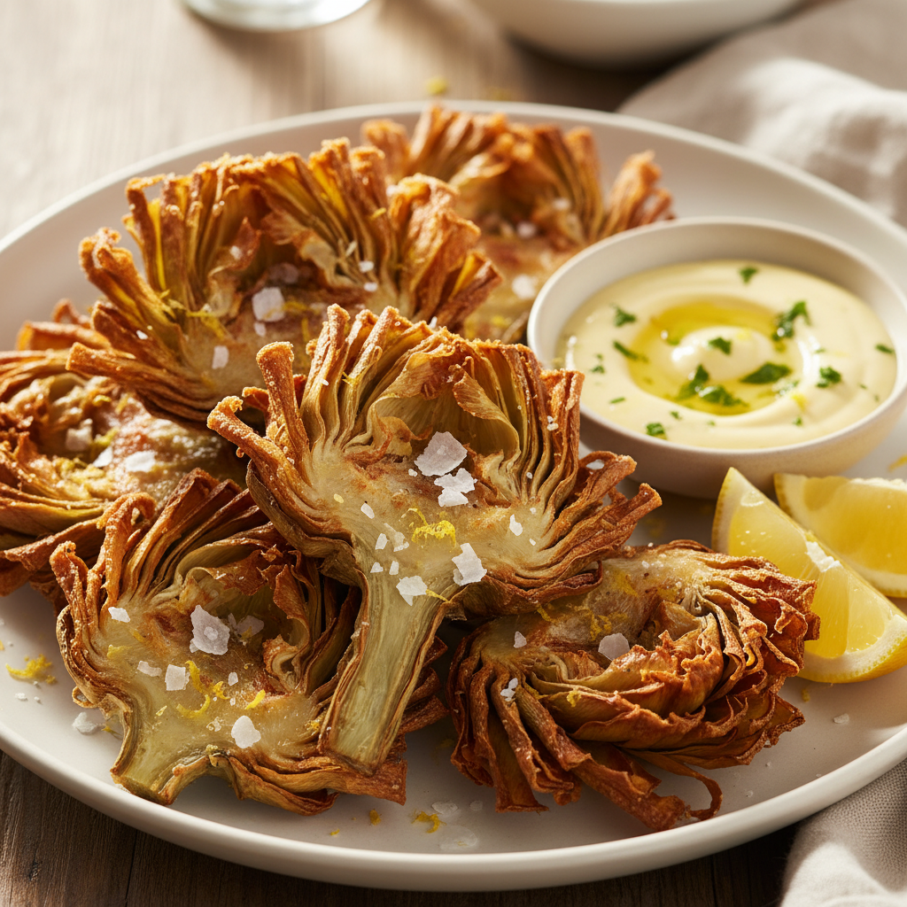 Crispy Fried Artichoke Hearts with Lemon Garlic Aioli (Carciofi alla Giudia)