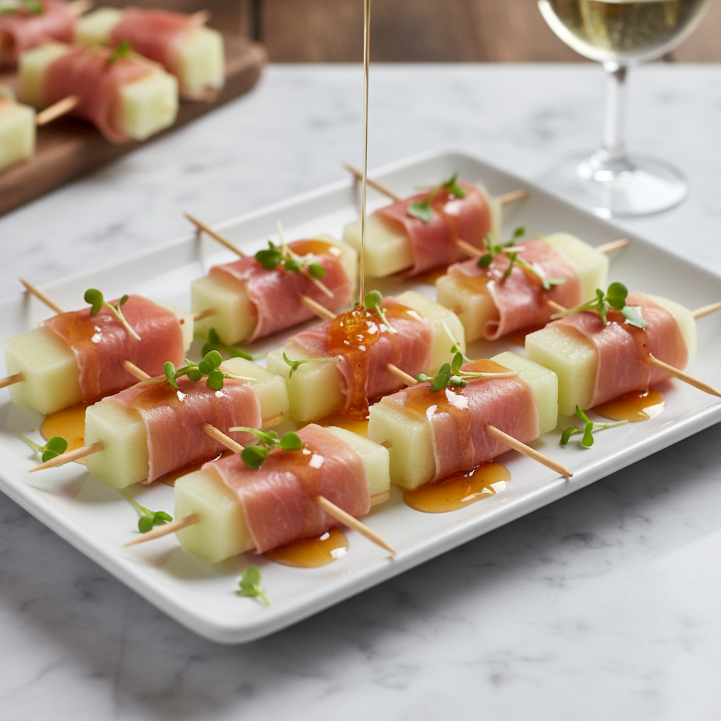 Honeydew & Prosciutto Bites with Chili Honey
