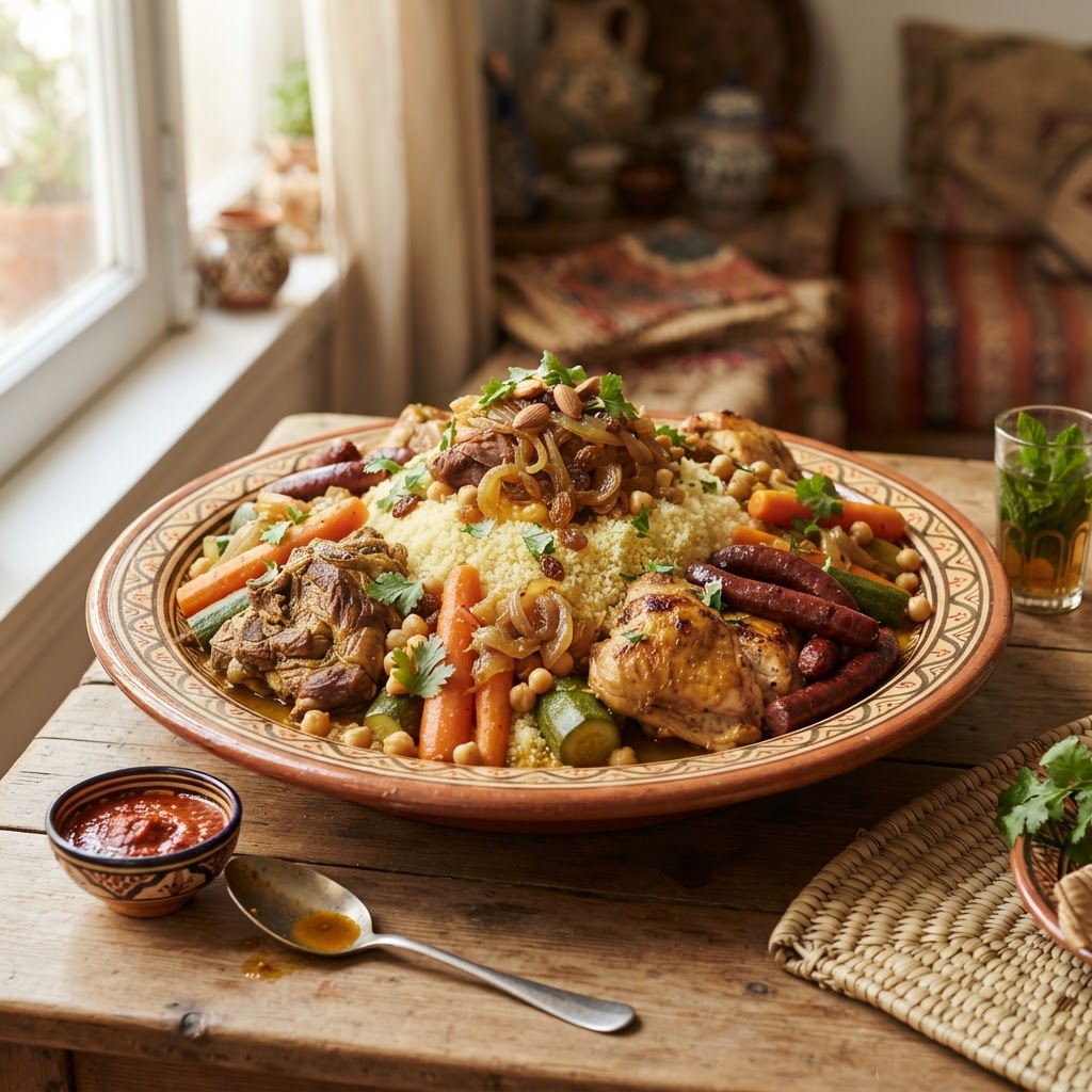 Couscous Royale: North Africa's Grand Platter of Lamb, Chicken, and Merguez
