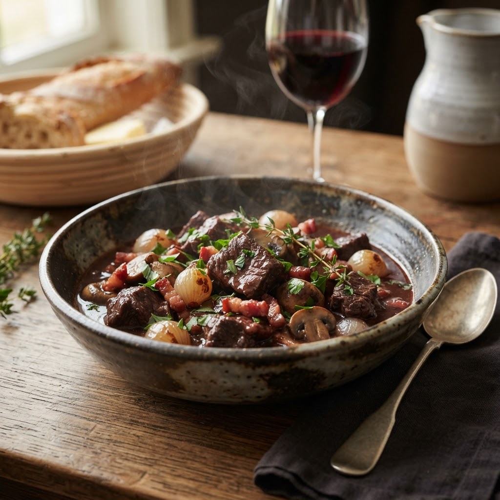 Boeuf Bourguignon (Burgundy Beef Stew with Red Wine, Mushrooms, and Pearl Onions)