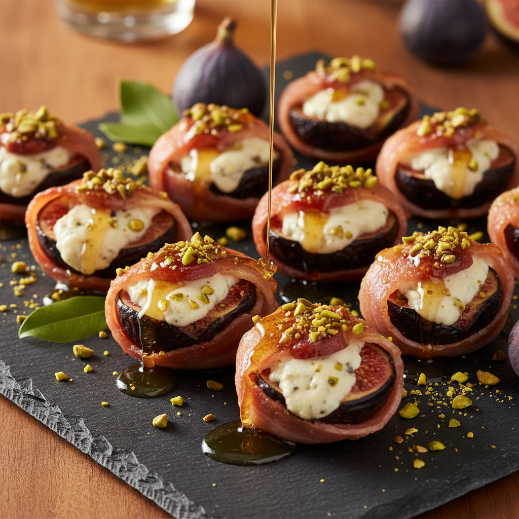 Pancetta Wrapped Figs with Gorgonzola & Pistachio Honey
