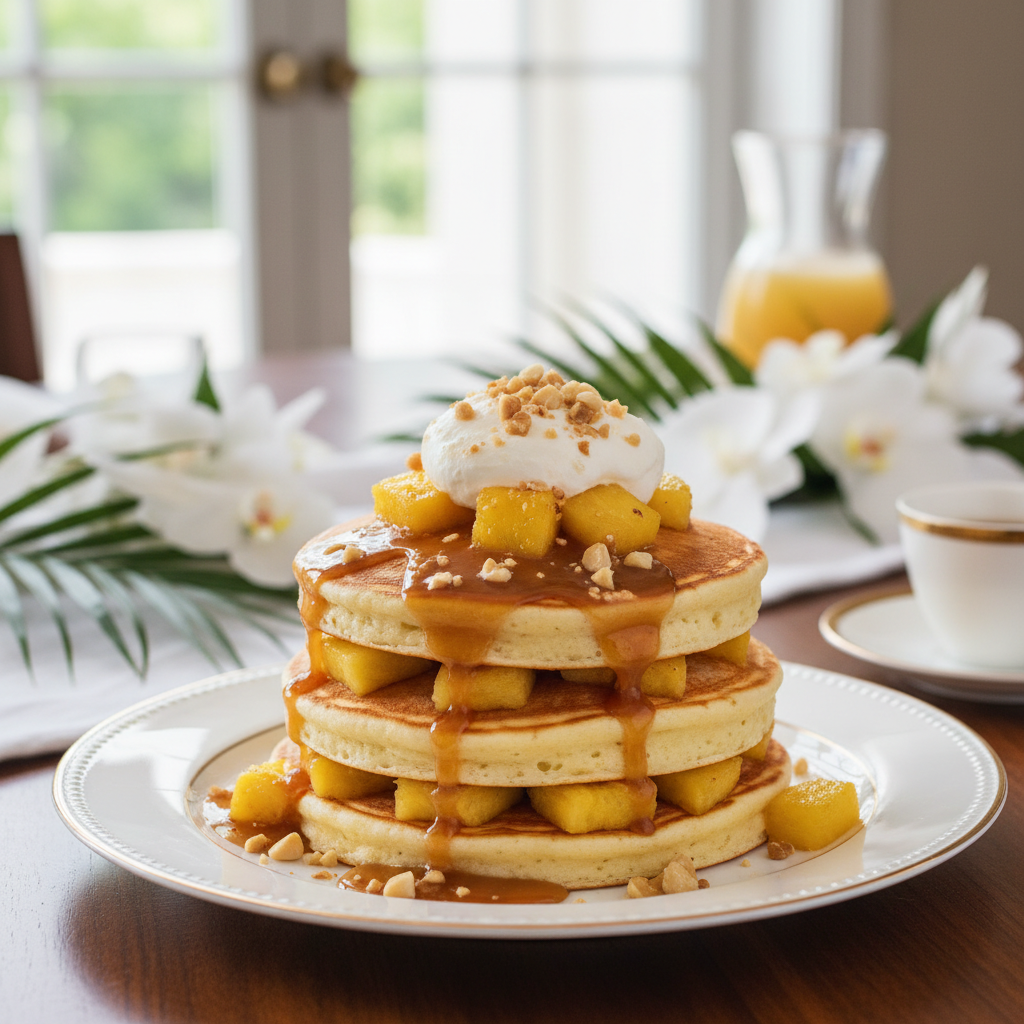 Pineapple Ricotta Pancakes with Rum Caramel