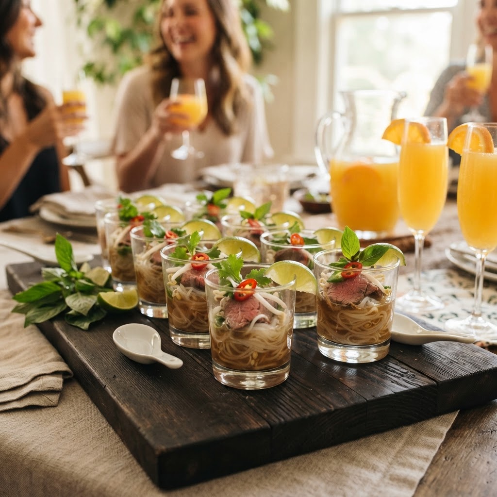 Vietnamese Pho Cups with Beef and Herbs: The Early 20th-Century Hanoi Soup as an Elegant Party Shot