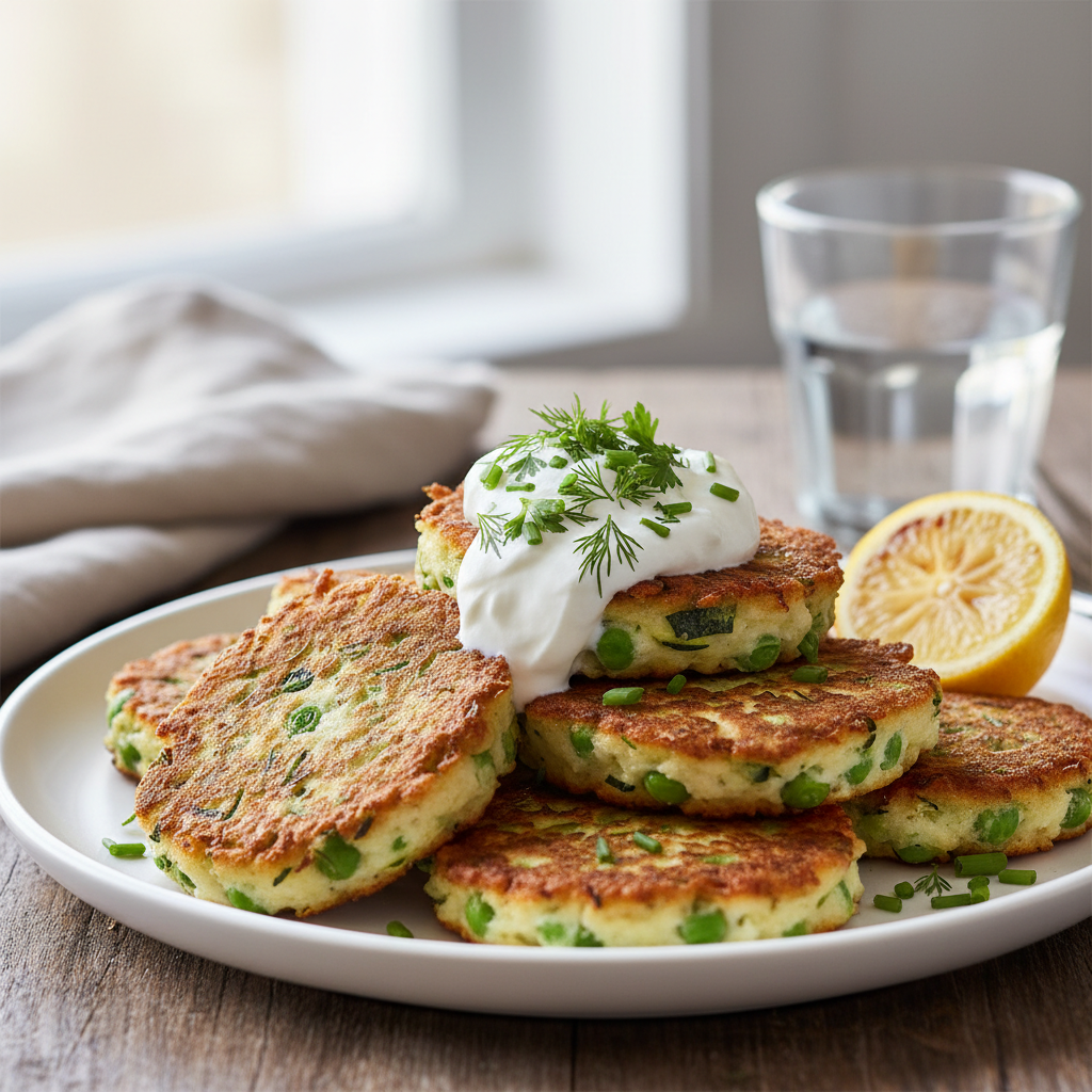 Zucchini, Pea & Ricotta Fritters with Herbed Yogurt