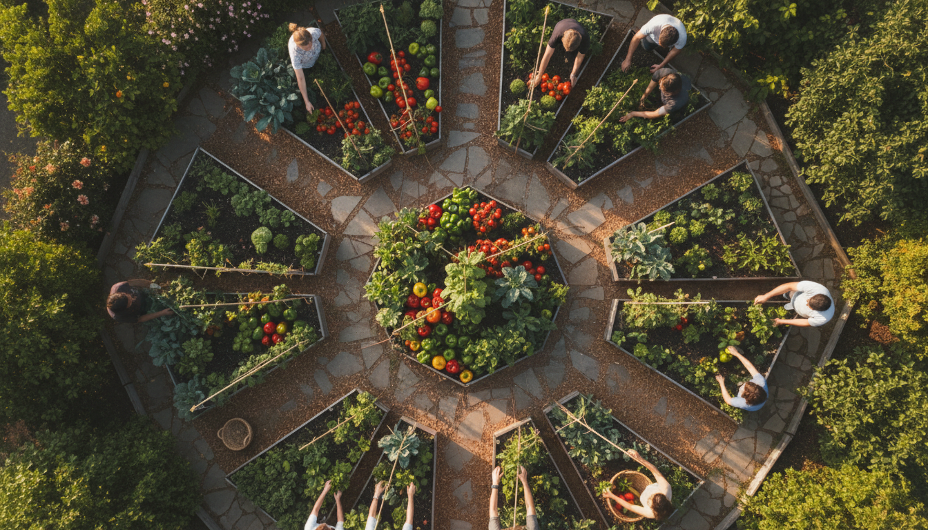 Community garden with raised beds full of fresh vegetables