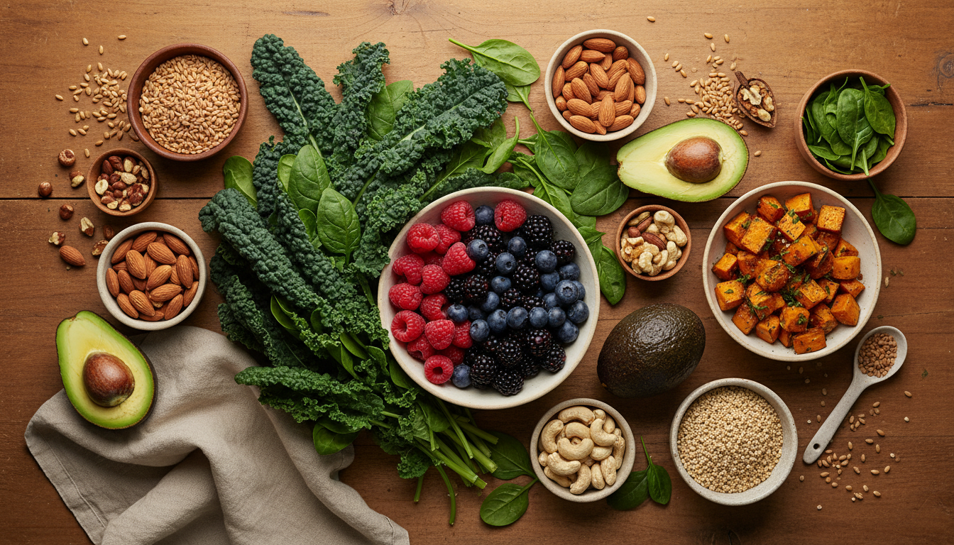 Beautiful arrangement of fresh plant-based foods on a wooden table