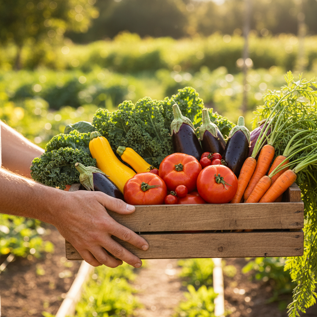 Hands holding a wooden crate full of colorful fresh produce from the community garden