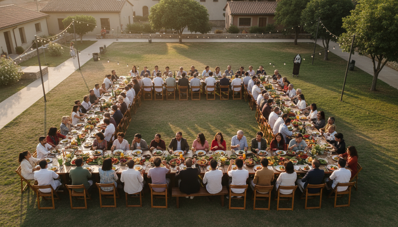 Community gathering around tables sharing a plant-based meal