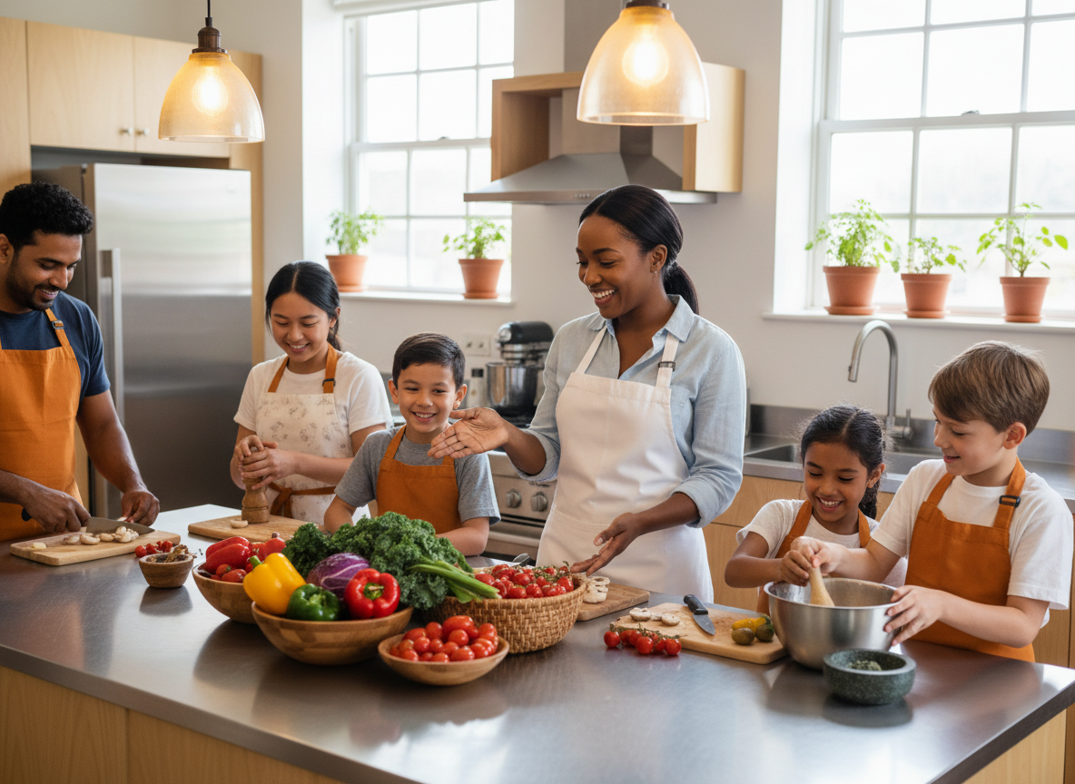 Cooking class with nutritionist teaching diverse group to prepare plant-based meals
