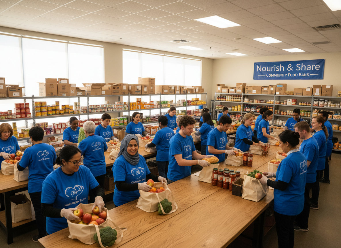 Volunteers sorting and packing fresh produce for distribution