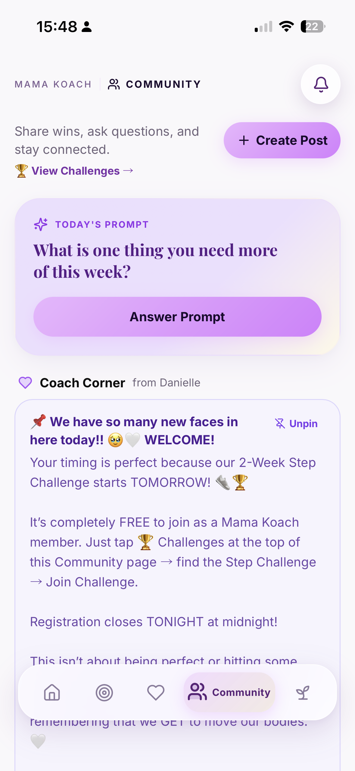 Mama Koach app — Community Hub
