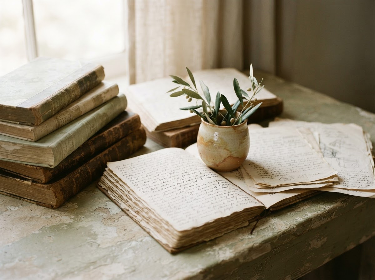 Books and papers arranged on a reading table