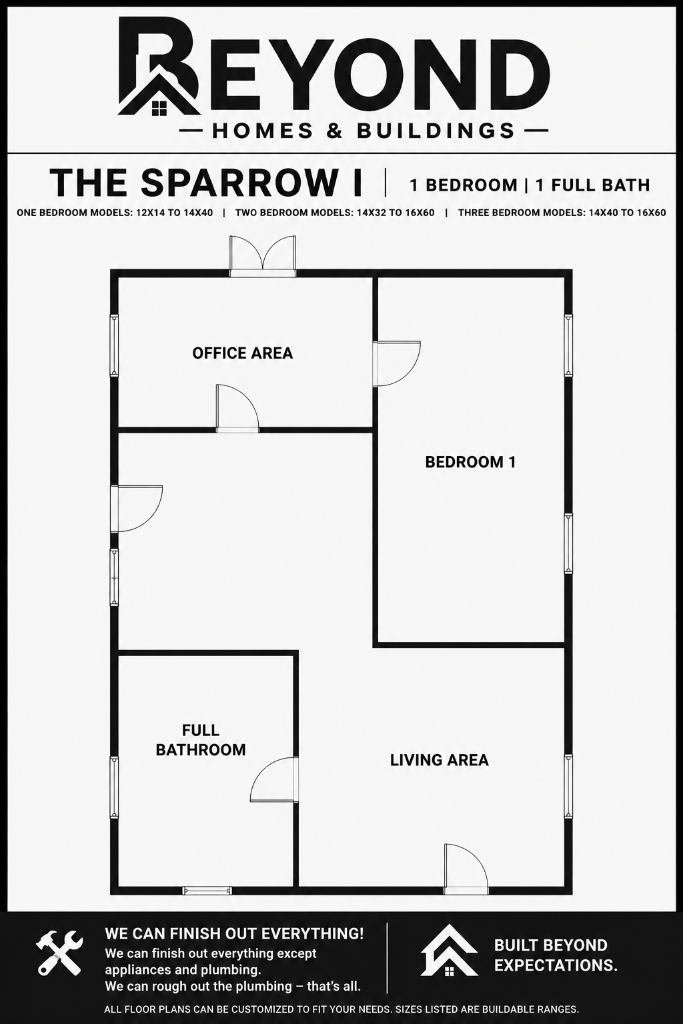 The Sparrow I floor plan — 1 bedroom, 1 full bathroom with office area and living area