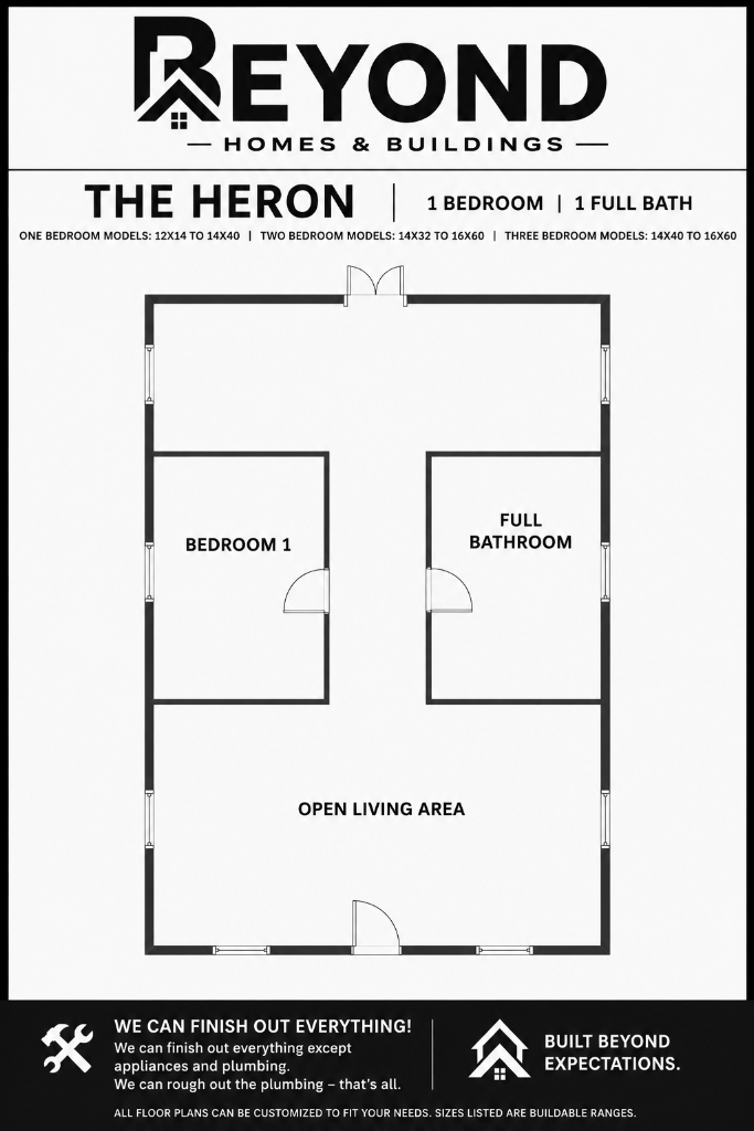 The Heron floor plan — 1 bedroom, 1 full bathroom tiny home layout