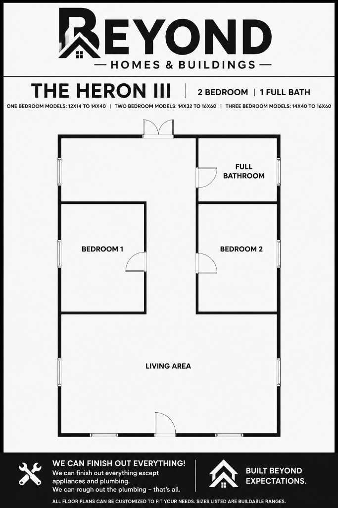 The Heron III floor plan — 2 bedroom, 1 full bathroom tiny home layout